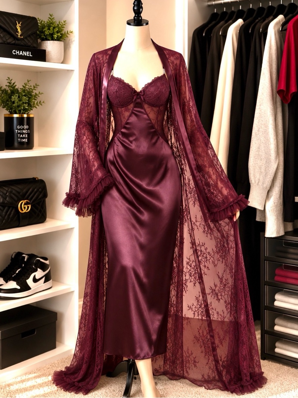 Luxurious Burgundy 2-Piece Satin Nightgown & Sheer Lace Robe Set